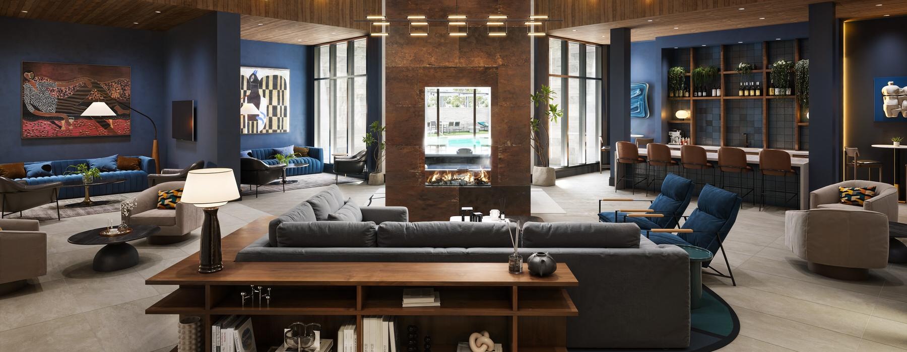 a large room with a large table and chairs