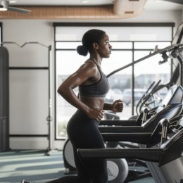 a woman running on a treadmill