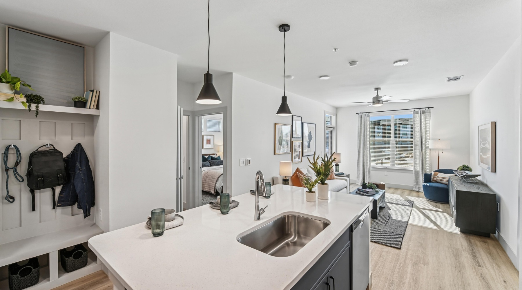 kitchen island and living room in the background