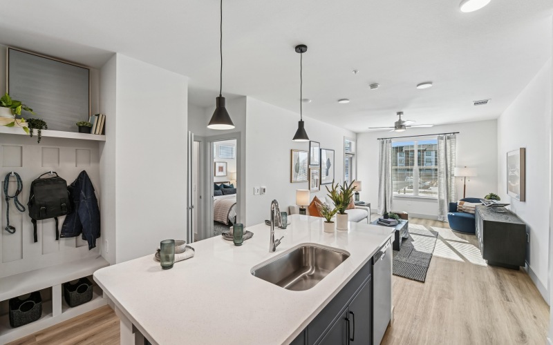 living area with access to the kitchen