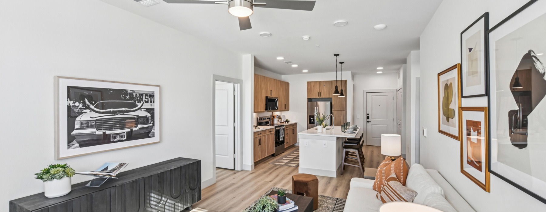 living room with spacious areas, ample space for seating and easy connection to kitchen